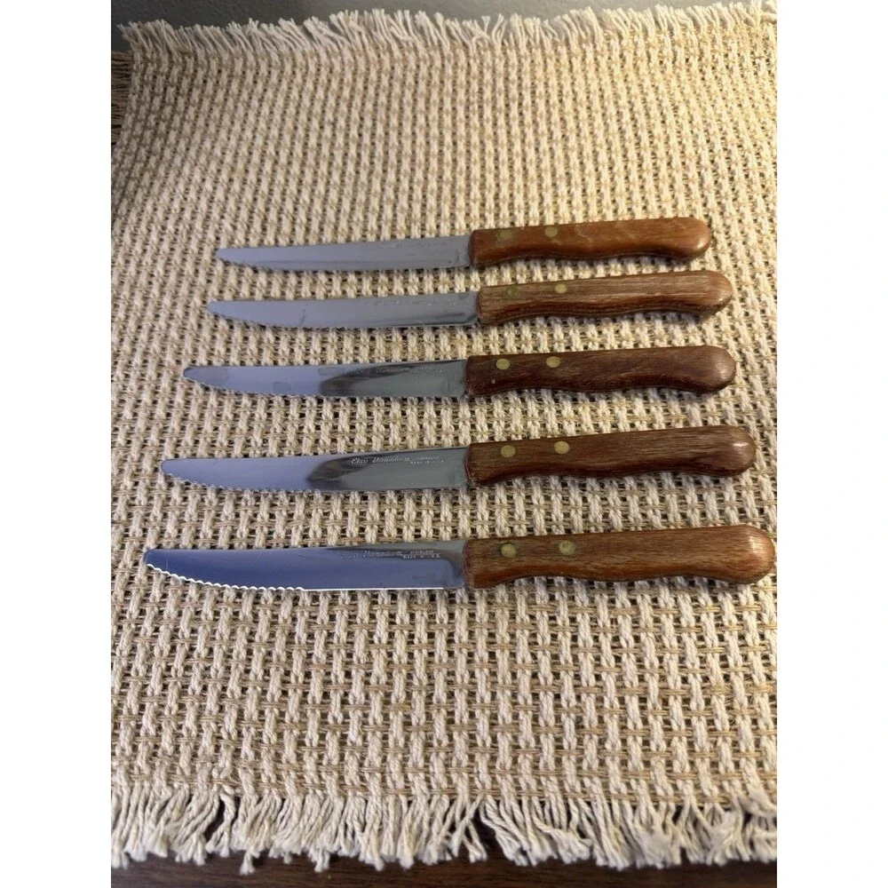 Vintage Ekco Vanadium Stainless Steel Serrated Knives Wood Handle USA Set Of 5